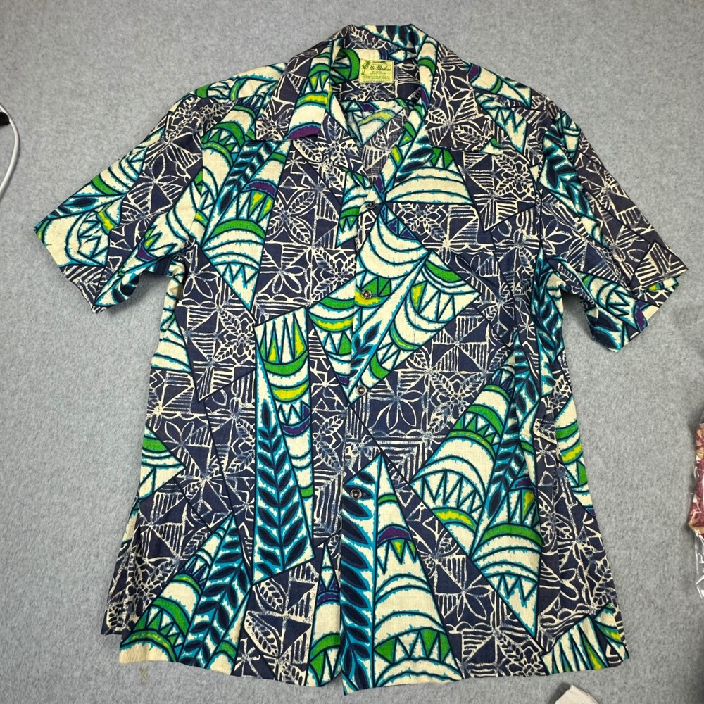 Vtg Ui-Maikai Hawaii Aloha Shirt Mens XL Blue Green Polynesian Abstract